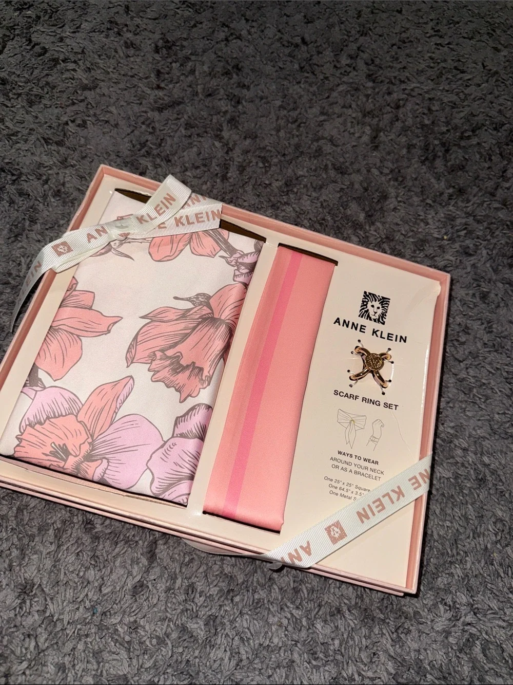 Anne Klein Pink Floral Scarf with Pink Stripe Band and Gold Scarf Ring